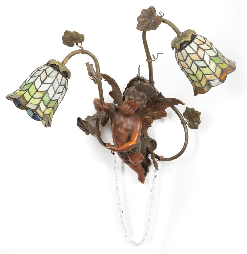 Appraisal: Patinated Metal and Leaded Glass Two-Light Figural Sconce th c