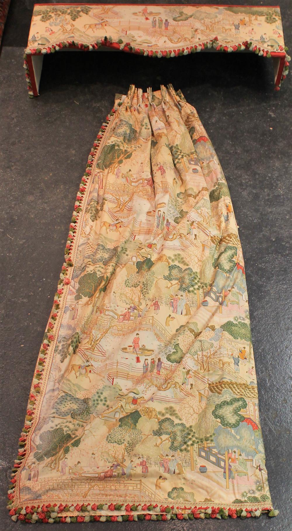 Appraisal: LARGE GROUP OF DESIGNER CHINOISERIE STYLE FABRIC DRAPERIES INCLUDING QUEEN