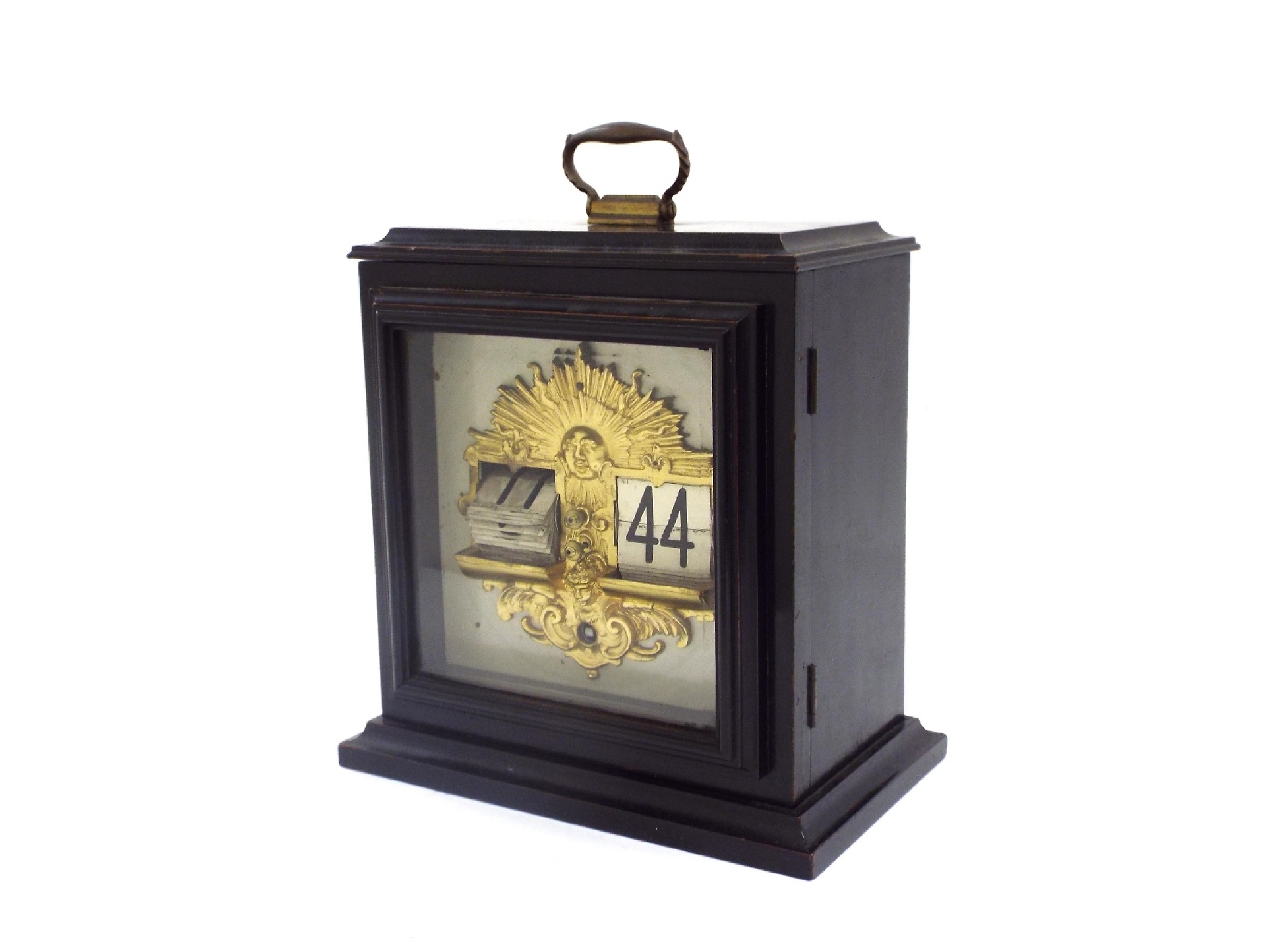 Appraisal: Ebonised mantel ticket clock the square dial with apertures for