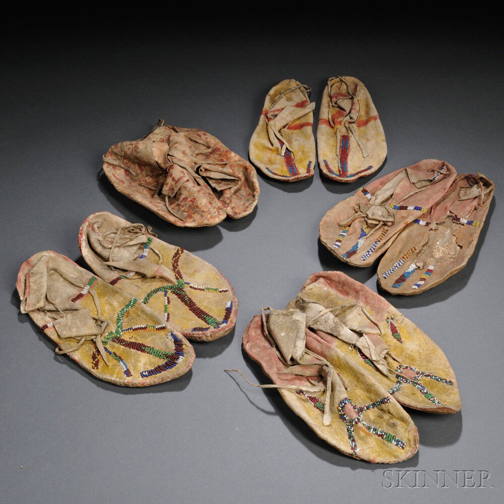 Appraisal: Five Pairs of Painted and Partially Beaded Hide Moccasins damage