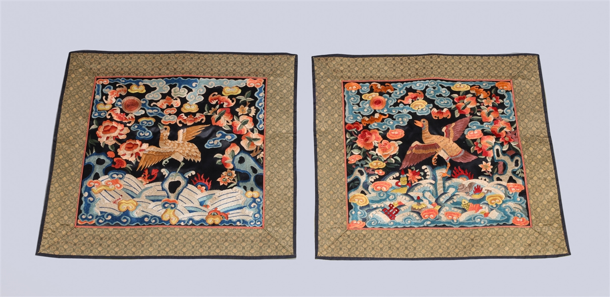 Appraisal: Two large Chinese embroidered badges each depicting birds amidst clouds