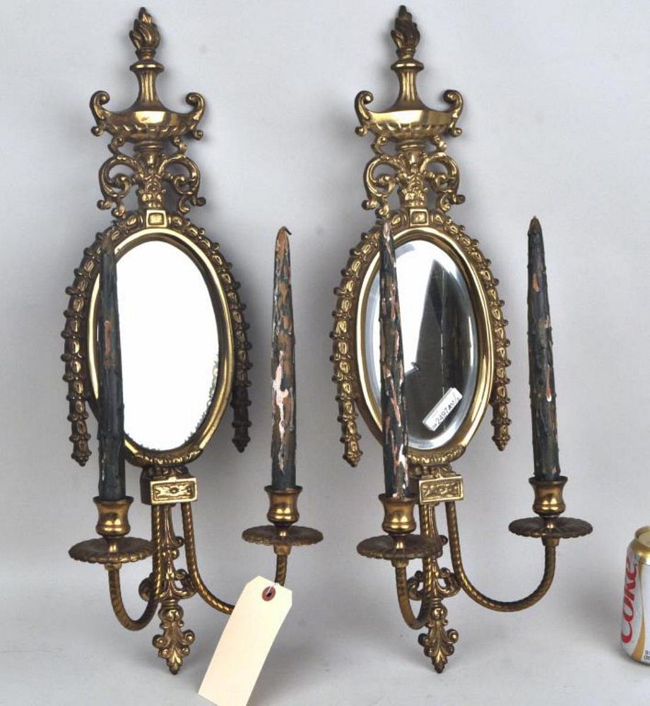 Appraisal: Pair Neoclassical Style Bronze Mirrored Sconces high wide Sconces in