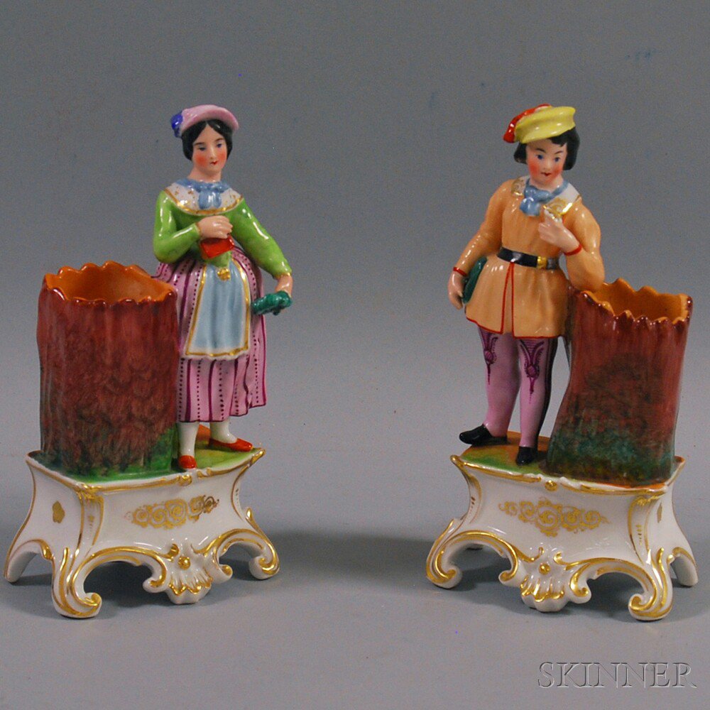 Appraisal: Pair of Painted Porcelain Figural Spill Vases England th century