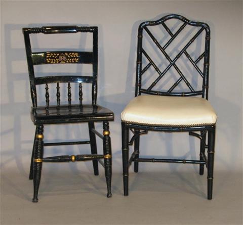 Appraisal: TWO BLACK PAINTED SIDECHAIRS One Regency style with bamboo style