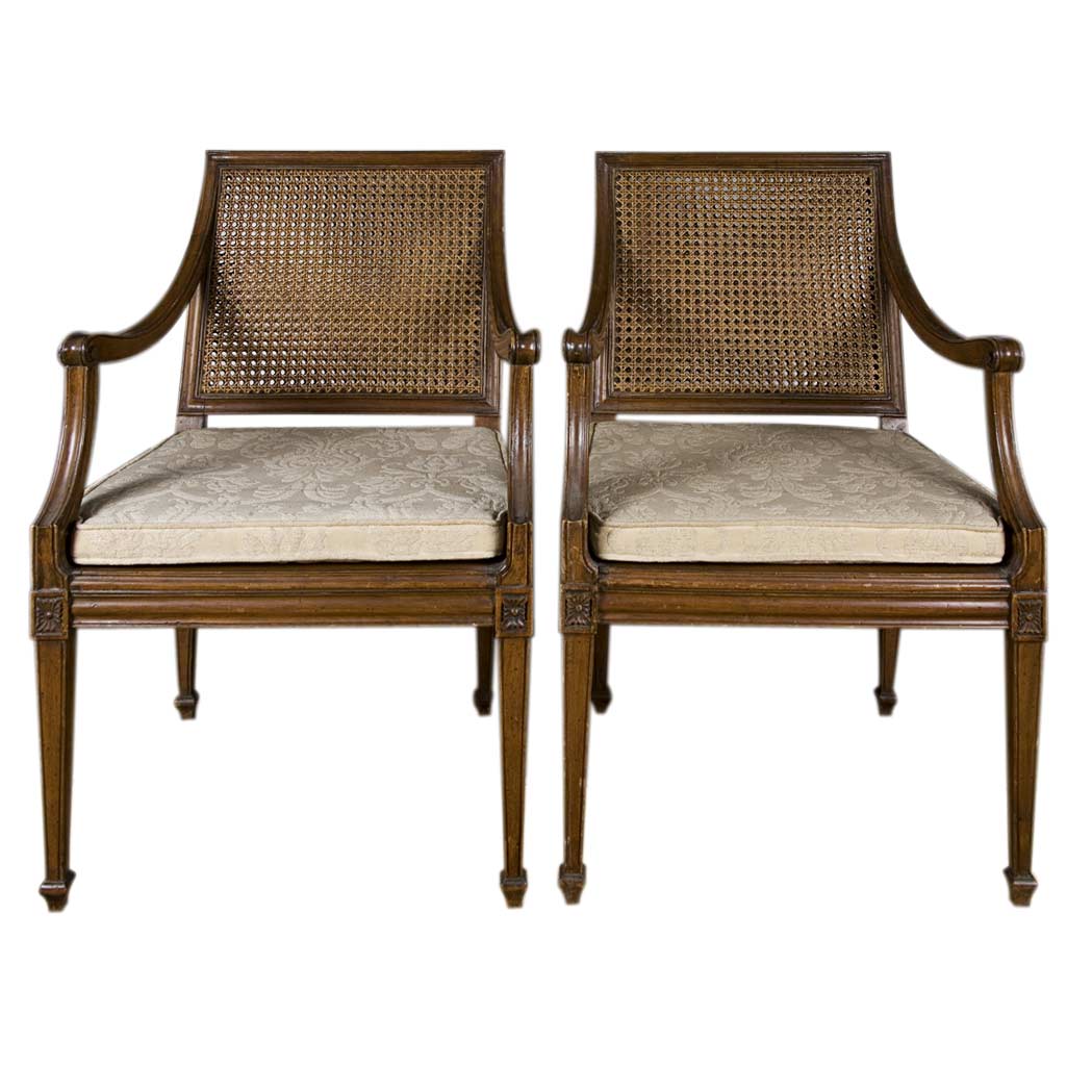 Appraisal: Pair of Louis XVI Style Walnut Caned Seat Armchairs