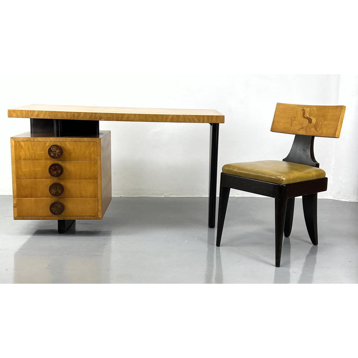 Appraisal: ANDREW SZOEKE Designer Inlaid Desk and Chair French Deco Rohde