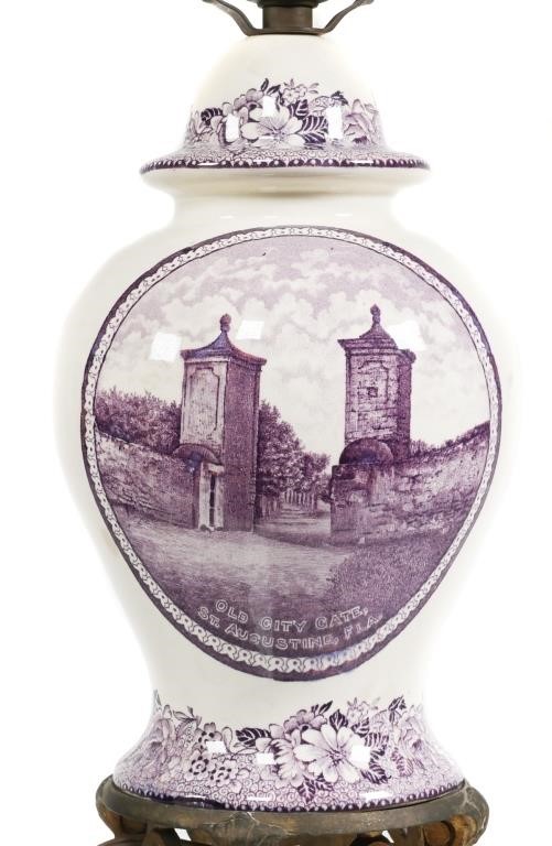 Appraisal: RARE FLORIDA STAFFORDSHIRE TRANSFERWARE LAMPScarce purple Staffordshire early th century