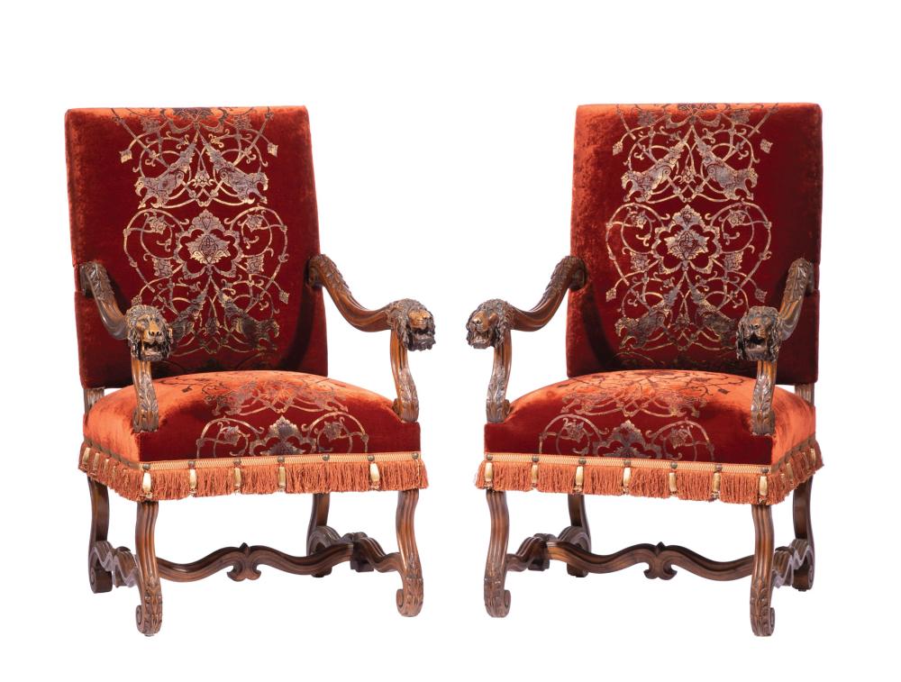 Appraisal: Pair of Belle Epoque Carved Walnut Armchairs c square back