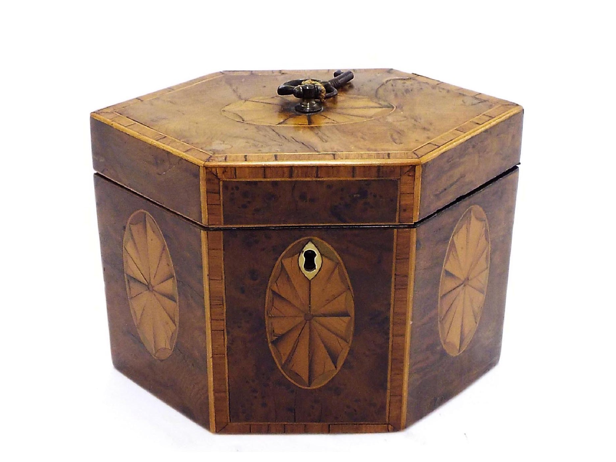 Appraisal: Attractive George III hexagonal burr yew tea caddy inlaid with