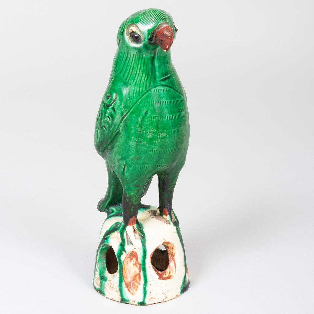 Appraisal: Chinese Export Green Glazed Porcelain Model of a Parrot x