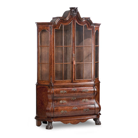 Appraisal: A th century Dutch burr-wood display cabinet The moulded cornice