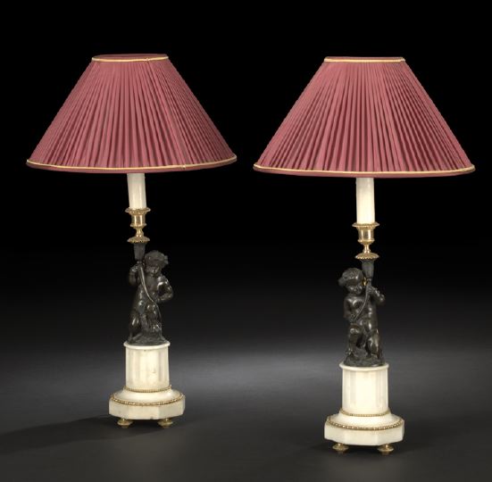 Appraisal: Pair of Napoleon III Bronze and Carrara Marble Figural Candlesticks