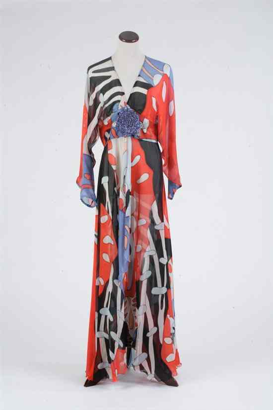 Appraisal: SHEER SILK RESORT DRESS In polychrome abstract pattern gathered at