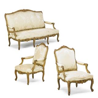 Appraisal: LOUIS XV STYLE THREE One settee and two armchairs with