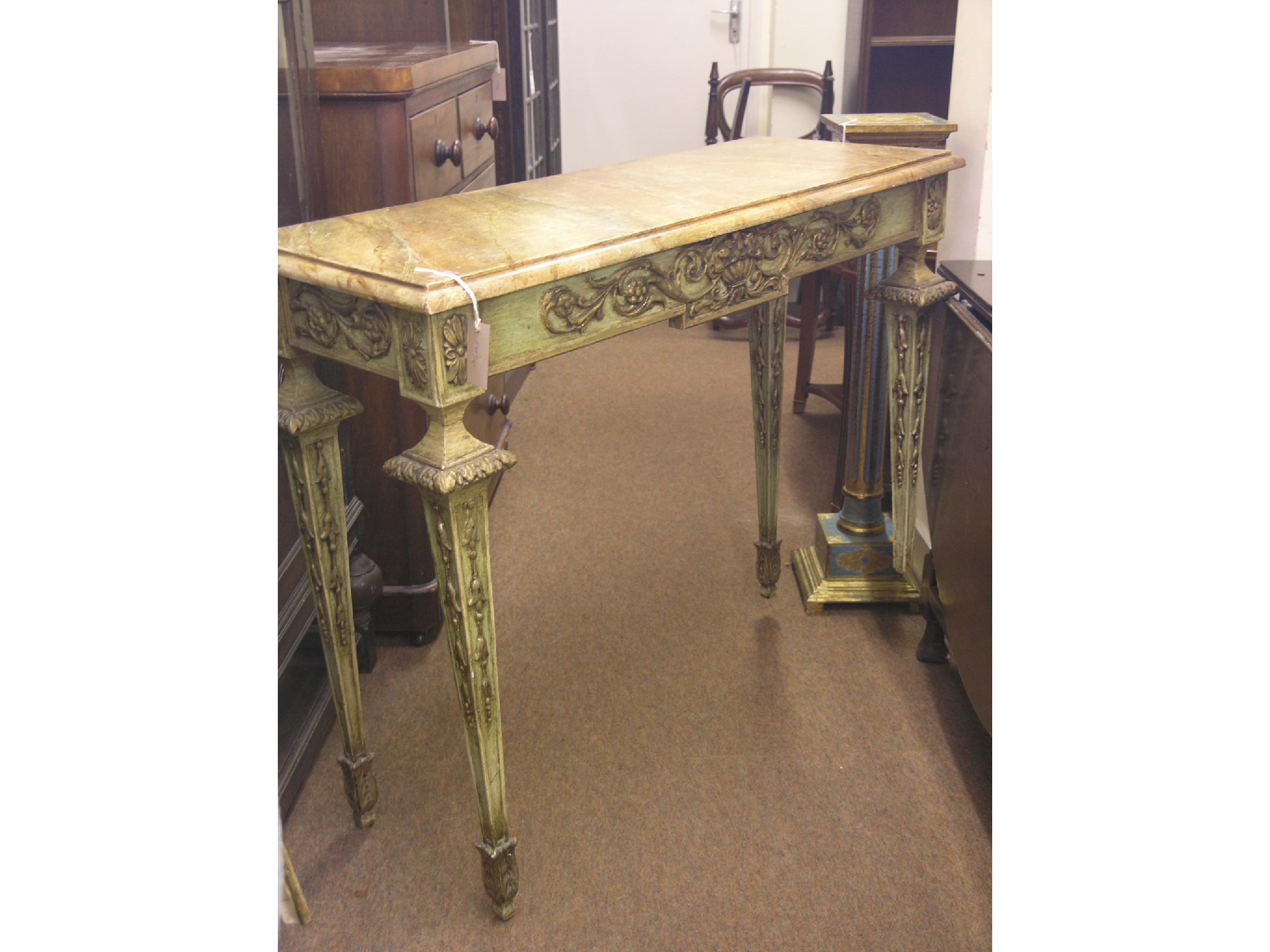 Appraisal: A Louis XVI-style green and gilt gesso side table rectangular