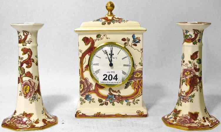 Appraisal: Masons Red Manderlay Clock height cm and Pair Candlesticks