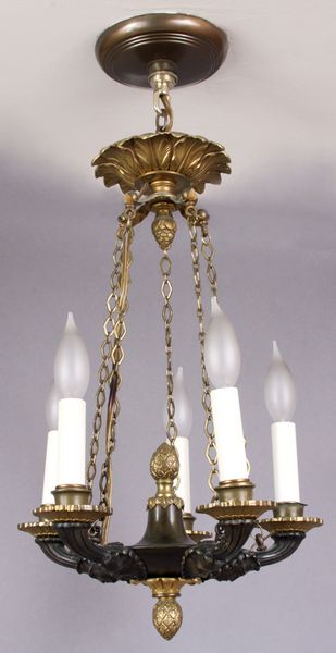 Appraisal: Empire-style ormolu-mounted patinated metal chandelier having fluted curved candle branches