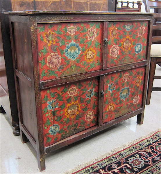 Appraisal: PAINT DECORATED FOUR-DOOR SIDE CABINET Tibetan th century Dimensions H