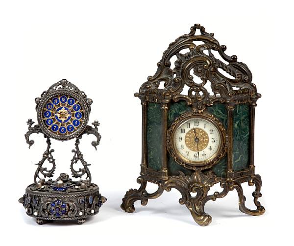 Appraisal: A Continental white metal and enamel desk timepiece with a