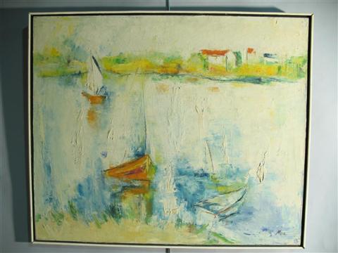 Appraisal: MIA SAILBOATS Oil on canvas x in sight Framed signed