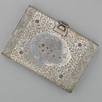 Appraisal: CONTINENTAL JEWELED SILVER MINAUDIERE th C Rectangular with curved edge