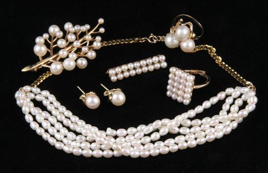 Appraisal: SIX PIECES K YELLOW GOLD AND WHITE PEARL JEWELRY Including