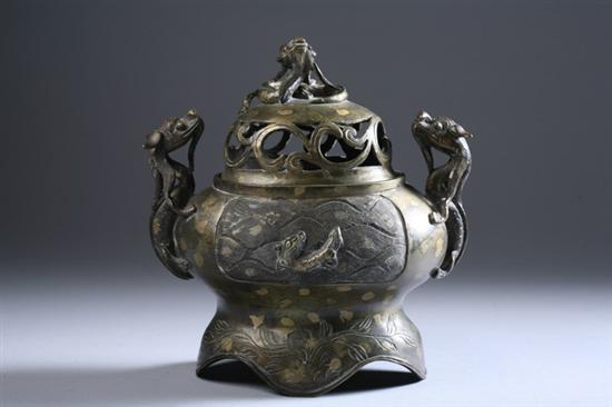 Appraisal: CHINESE GILT SPLASH BRONZE CENSER Late th century With dragon-form