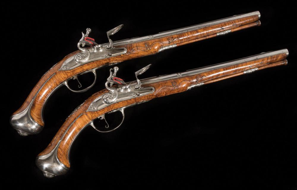 Appraisal: Pair German Flintlock Holster Pistols in the Parisian Manner by