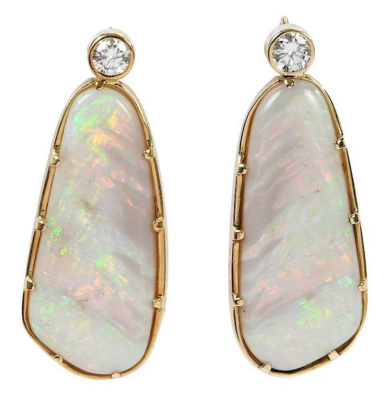 Appraisal: kt Opal and Diamond Earrings each with one irregular shaped