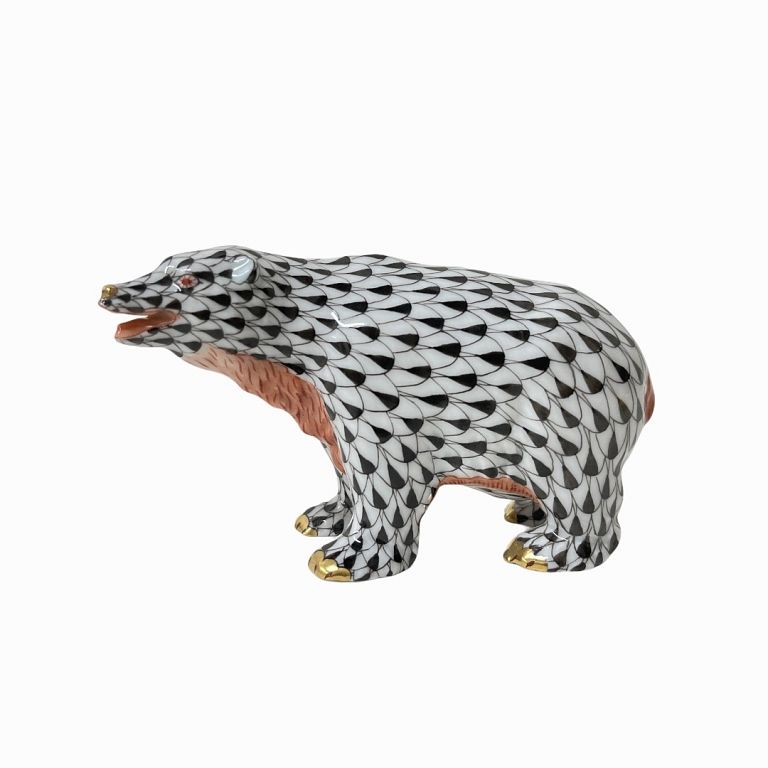 Appraisal: Herend Porcelain Black Fishnet Bear Figurine Herend Porcelain Black Fishnet