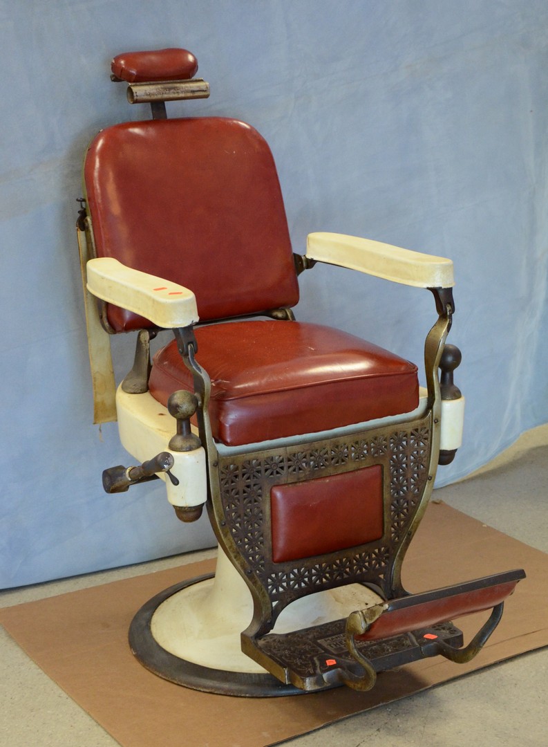 Appraisal: Theo A Kochs white enameled hydraulic barber chair original upholstery