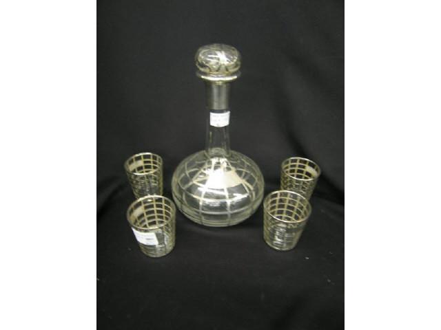 Appraisal: Silver Overlay Crystal Whiskey Decanter and four glasses deco design