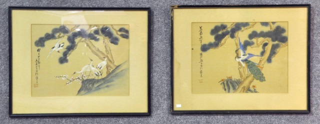 Appraisal: Pair Asian Scenes with BirdsPainted on silk One with heron