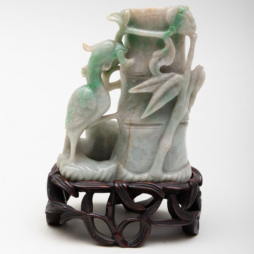 Appraisal: Chinese Jadeite Vase Carved with Phoenix and Bamboo With wood