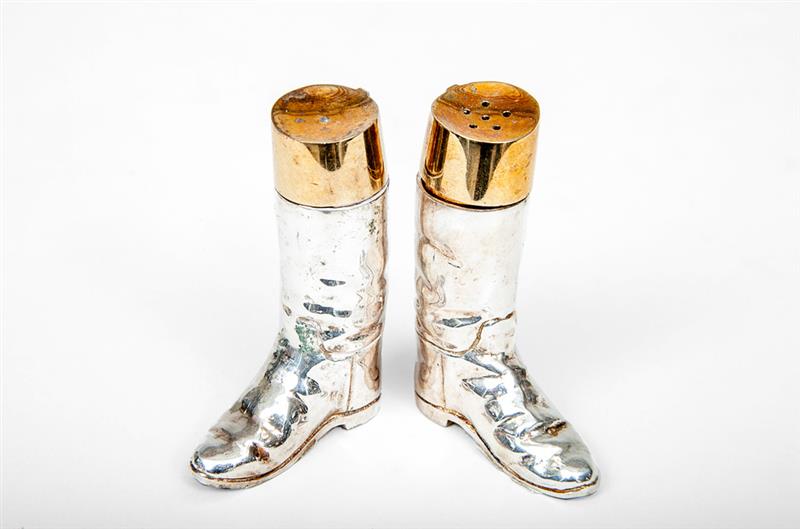 Appraisal: Pair English Silver and Silver-Gilt Riding Boot-Form Shakers J Marec