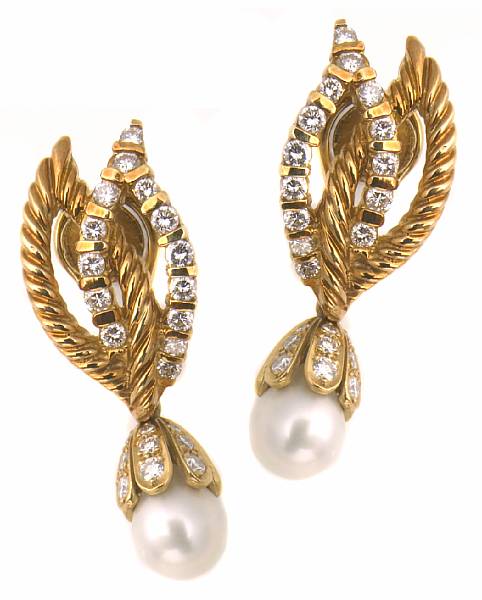 Appraisal: A pair of cultured pearl diamond and gold earrings converts