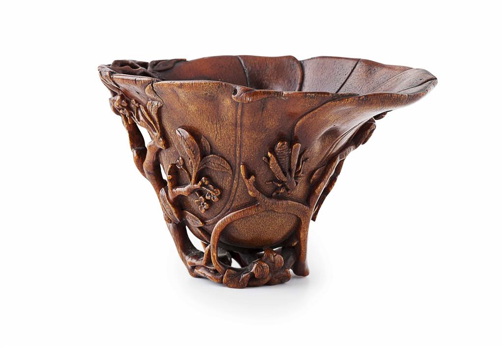 Appraisal: FINE RHINOCEROS HORN 'PRUNUS AND VINE' LIBATION CUP TH CENTURY