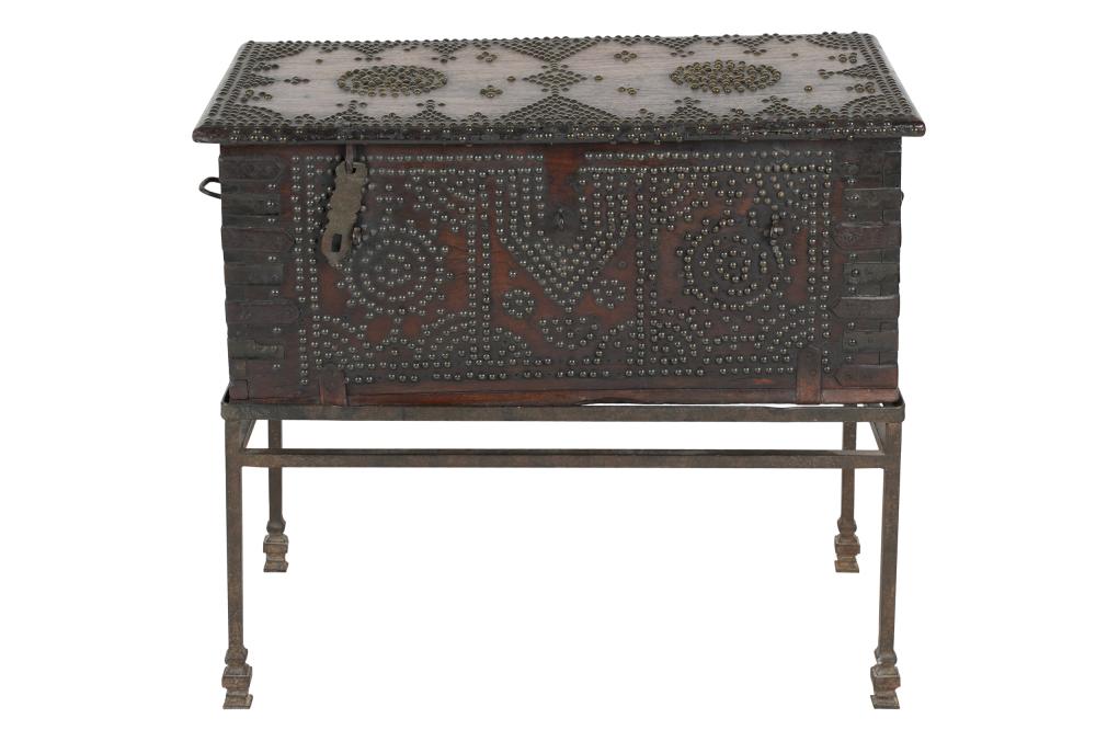 Appraisal: METAL-STUDDED WOOD TRUNK ON IRON STANDCondition missing one iron latch