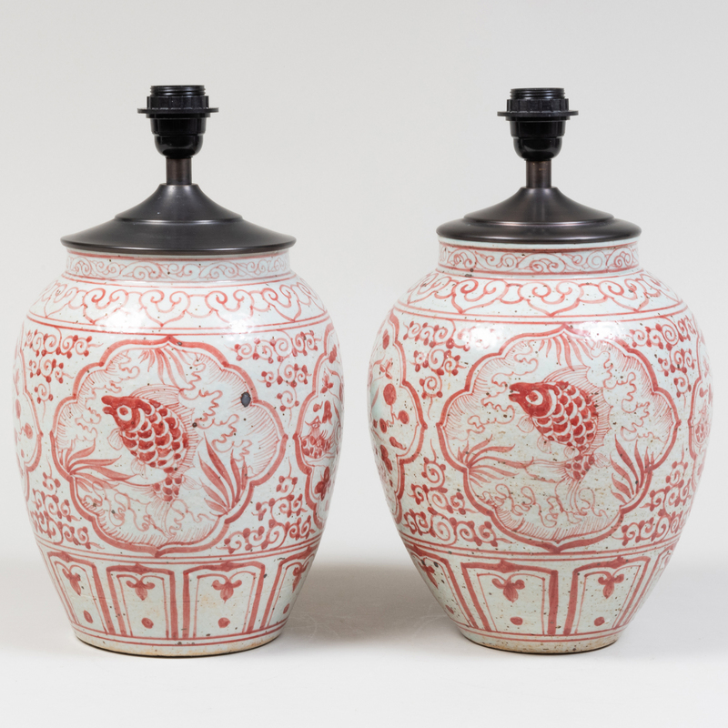 Appraisal: Pair of Asian Iron Red Decorated Earthenware Jars mounted as