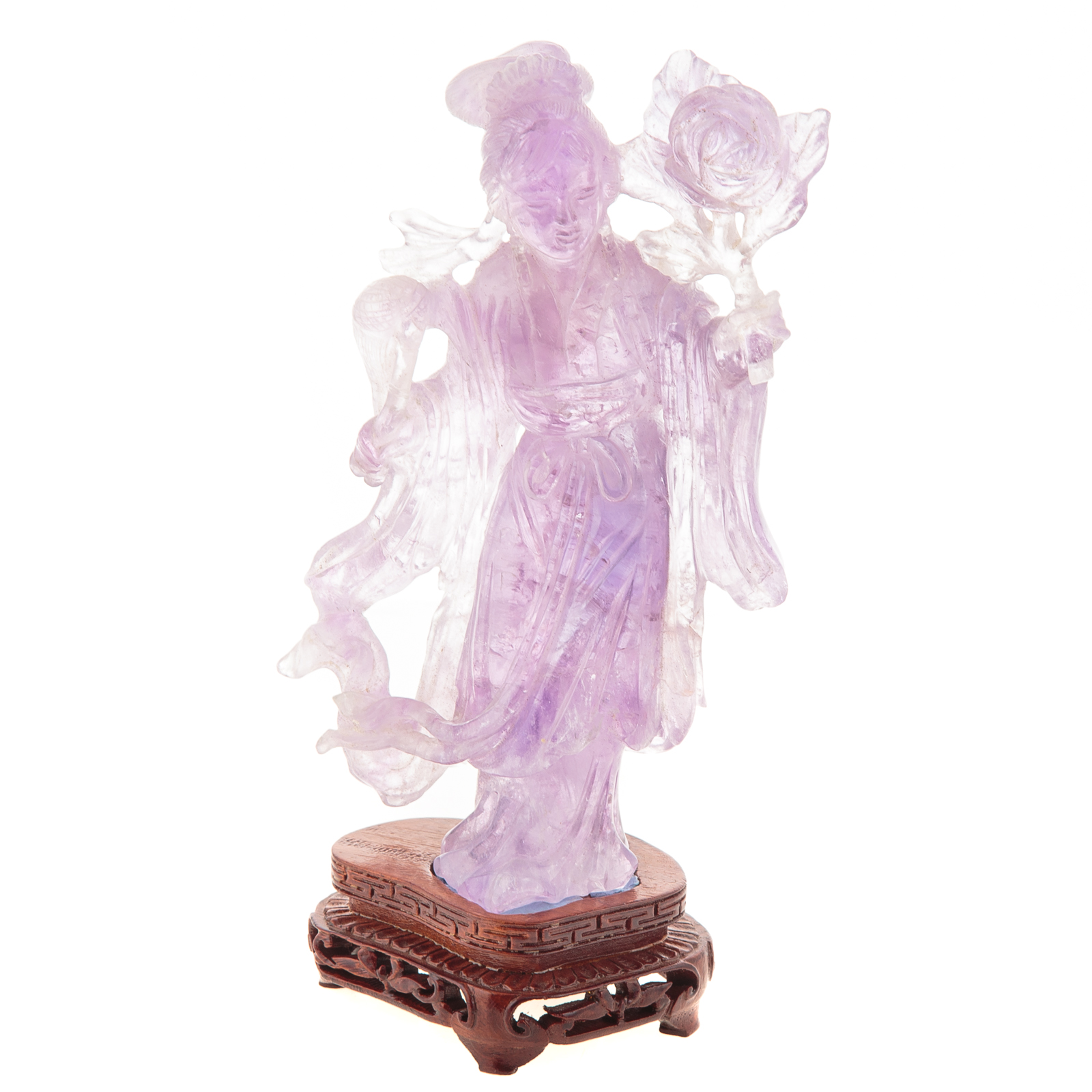 Appraisal: CHINESE CARVED AMETHYST QUARTZ QUAN YIN in H with carved