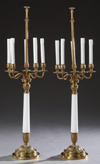 Appraisal: Pair of Brass Five Light Candelabra Lamps th c Pair