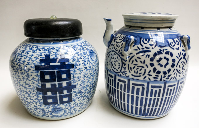 Appraisal: TWO CHINESE BLUE UNDERGLAZE PORCELAIN JARS oil jar with pouring