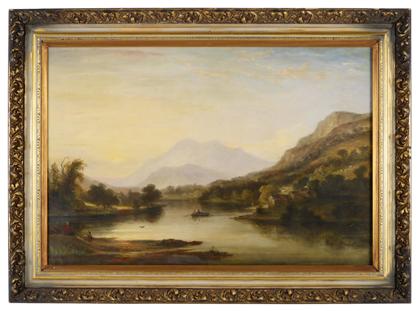 Appraisal: American School th centurymountainous lake scene with boys in boat