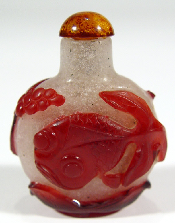 Appraisal: Chinese red overlay glass snuff bottle carved with Shubunkin with