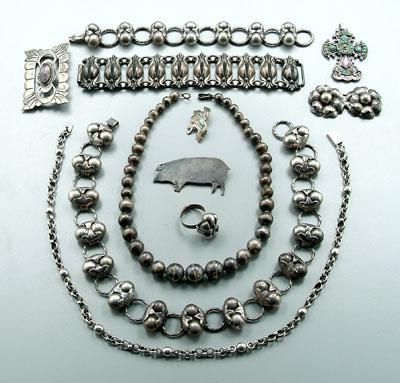 Appraisal: Eleven pieces Mexican silver jewelry hollow bead necklace - in