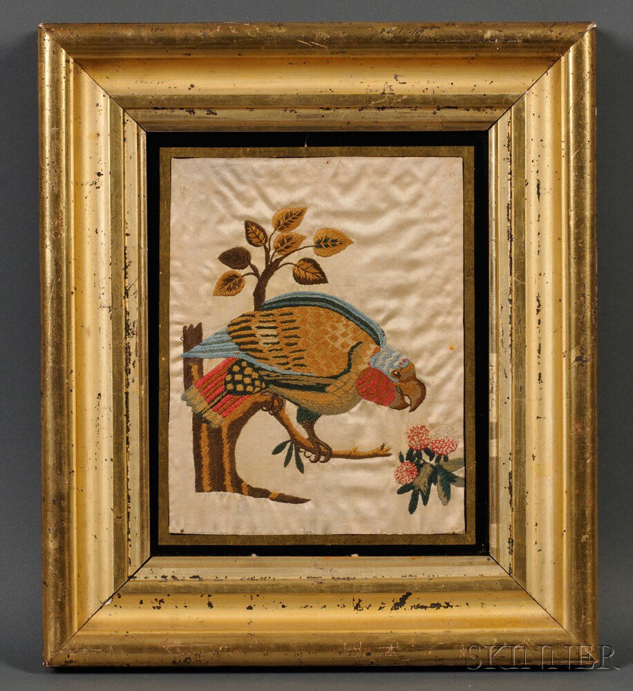 Appraisal: Pictorial Silk Needlework Picture of a Parrot America th century