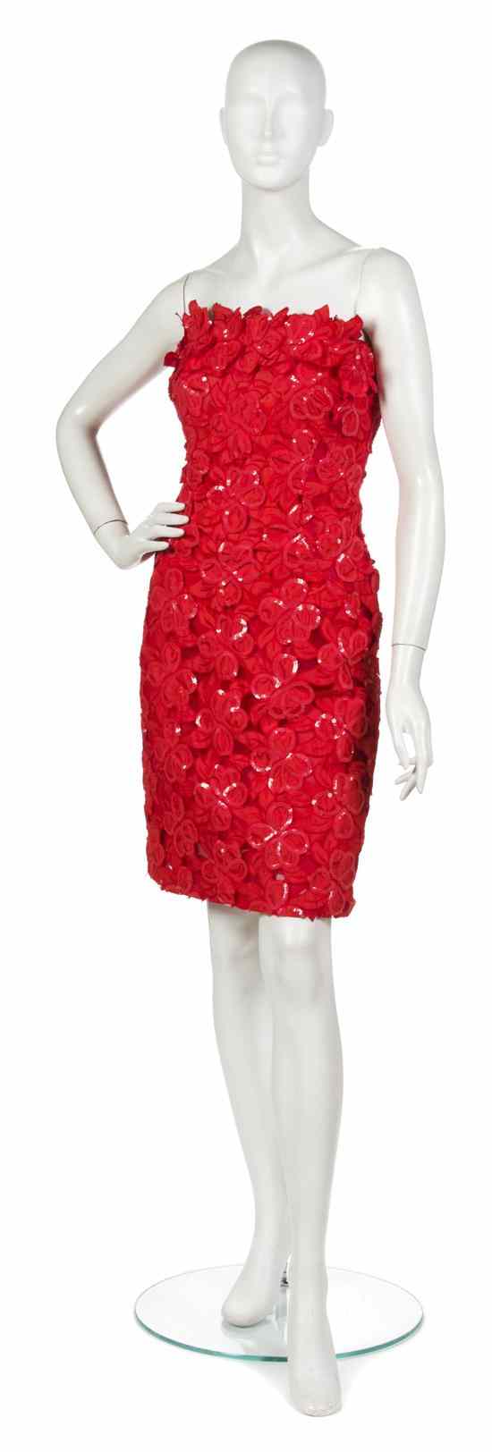 Appraisal: A Scaasi Red Floral Cocktail Dress strapless with red sequin