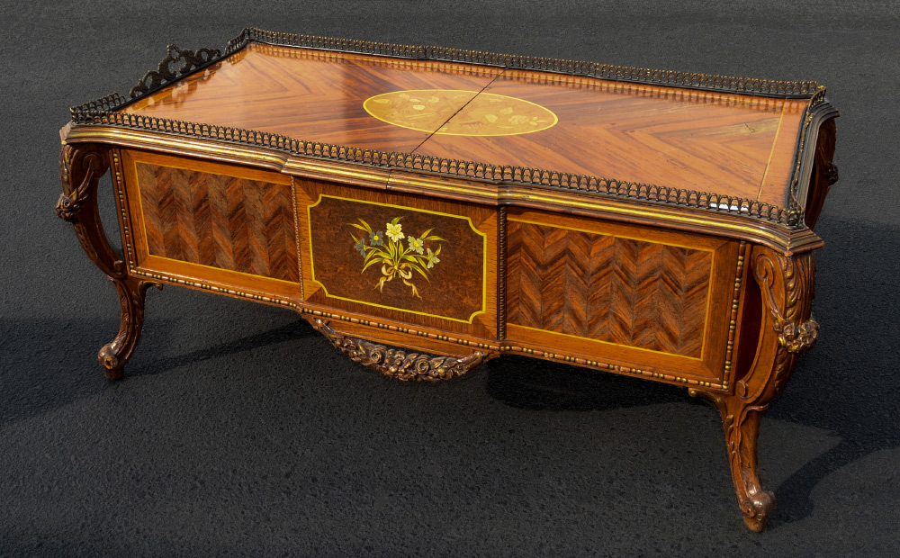 Appraisal: FRENCH STYLE INLAID COFFEE TABLE BAR Inlaid top with central