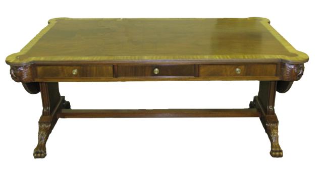 Appraisal: Banded Mahogany period style partners' desk Empire style with carved