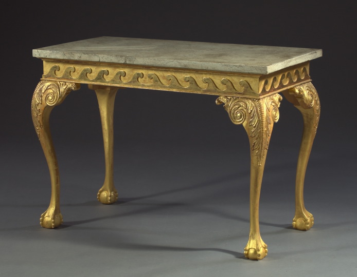 Appraisal: Early Georgian-Style Marble-Top Giltwood Table with a variegated tan oblong